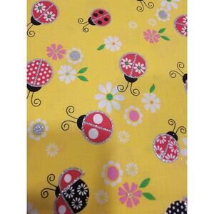 Cotton Ladybugs Beetles Flowers Silver Glitter Yellow Fabric Print 1yd 15in New